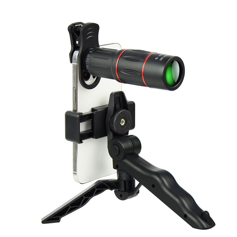 Objectif télescopique 18x25 monté sur smartphone avec trépied compact noir