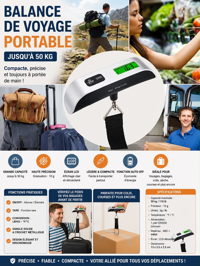 Pèse-Bagage Numérique Portable – Balance de Voyage Précise jusqu'à 50 kg